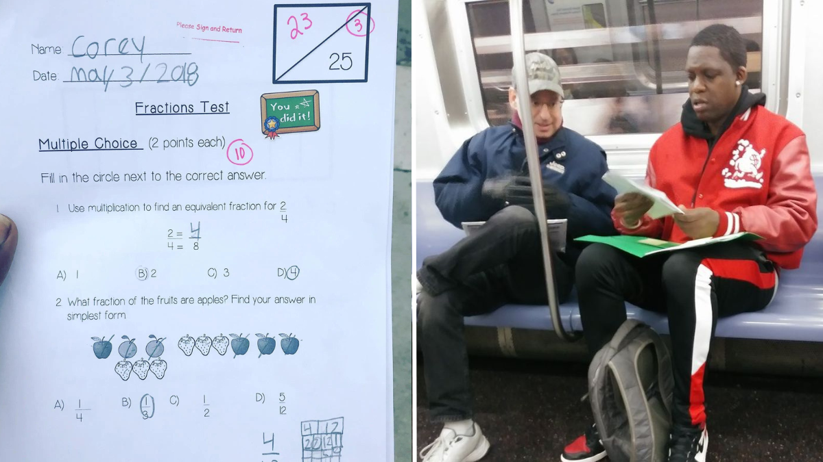 a mathematics test paper and two men talking on a subway