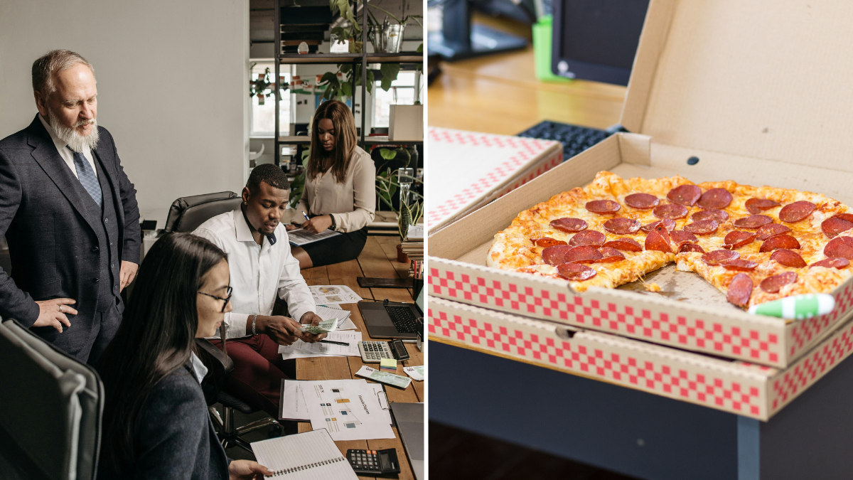boss and employees working and pizzas