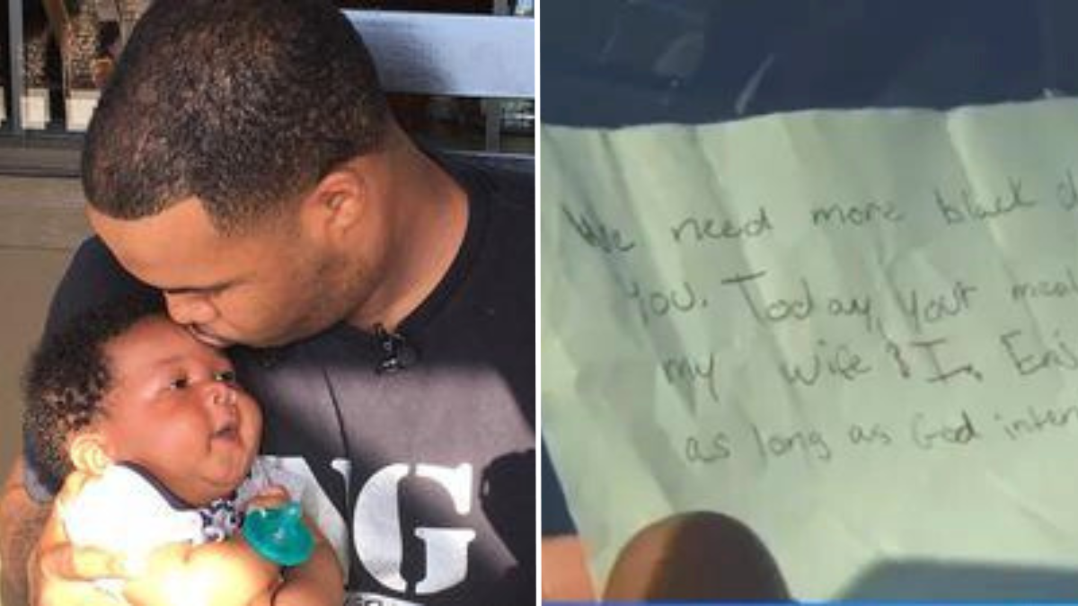 man kissing his son and a note