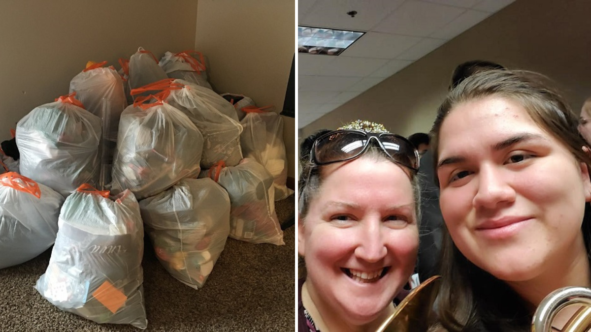 garbage bags and a mom with her daughter