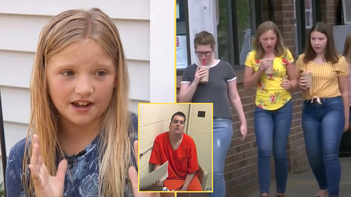 little girl, a group of friends and a man in an orange jumpsuit