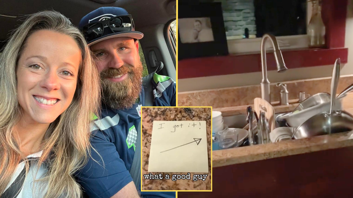 woman with a man with a beard, a sink full of dirty dishes and a post it note (inset)
