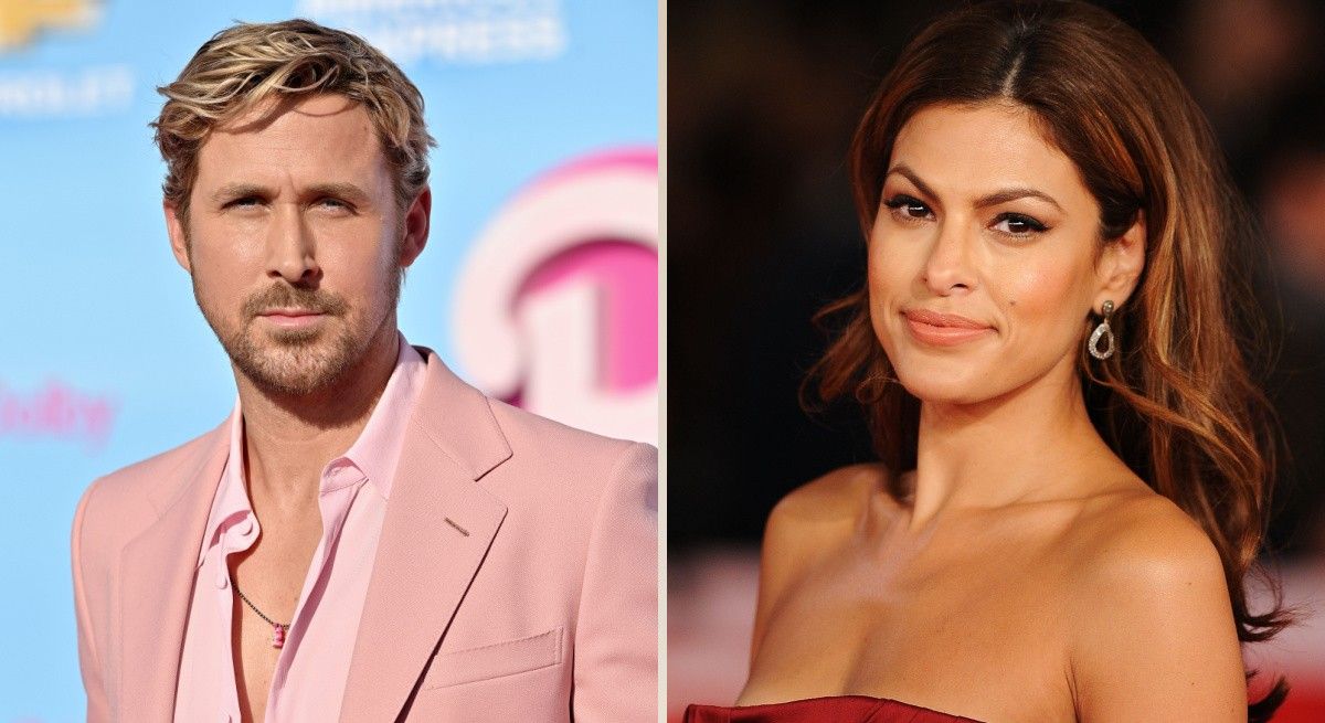 Ryan Gosling in pink suit next to photo of wife Eva Mendes in red dress.