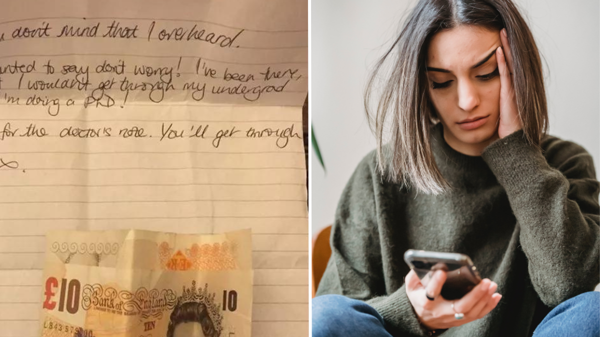 a note with some money and a worried woman looking at her phone