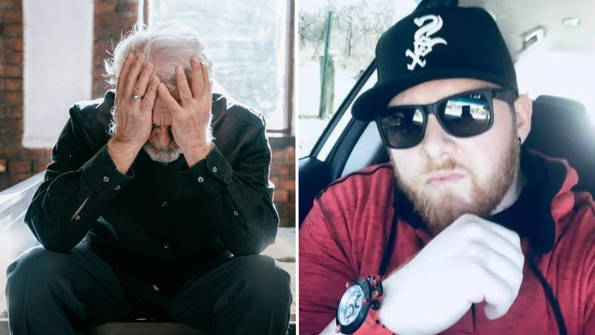 elderly man crying and a man wearing a cap and sunglasses