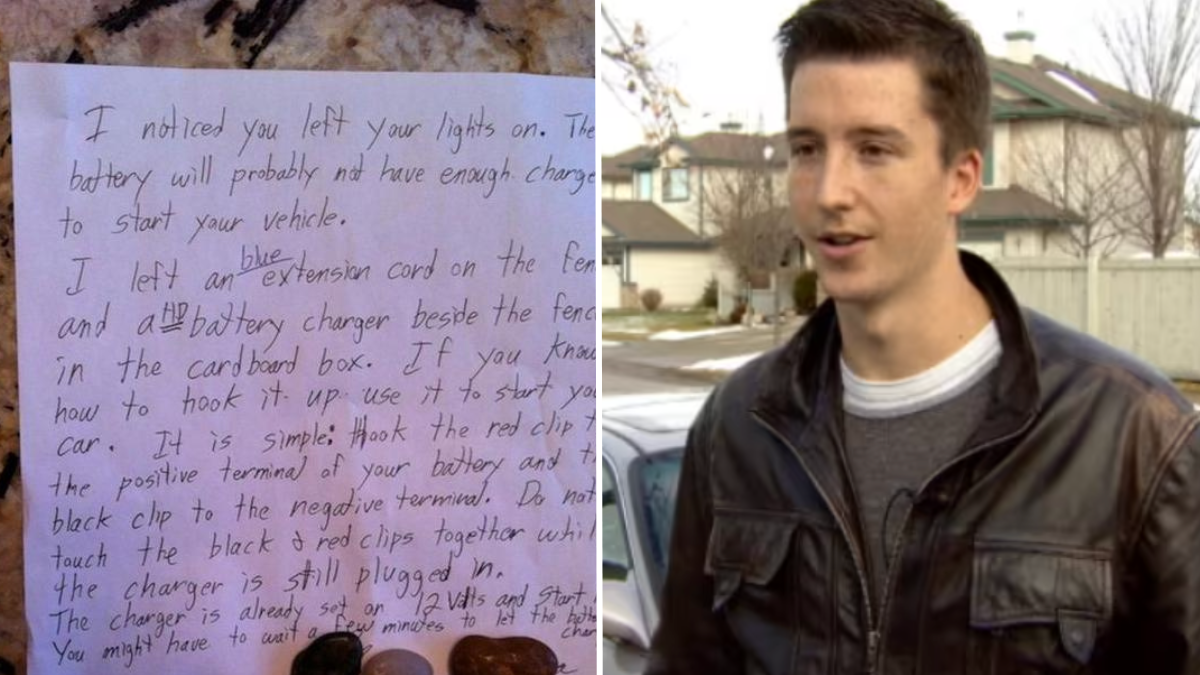 a note and a young man in front of a car