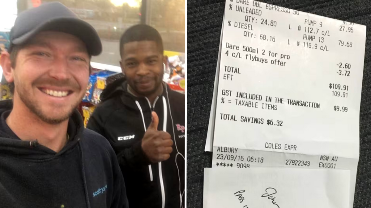 two men at a gas station and a receipt.