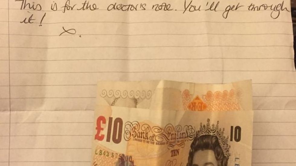 a note and a 10 pound bill