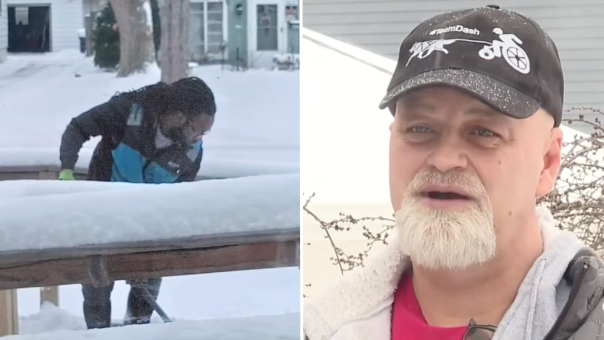 man shoveling snow and a man wearing a cap