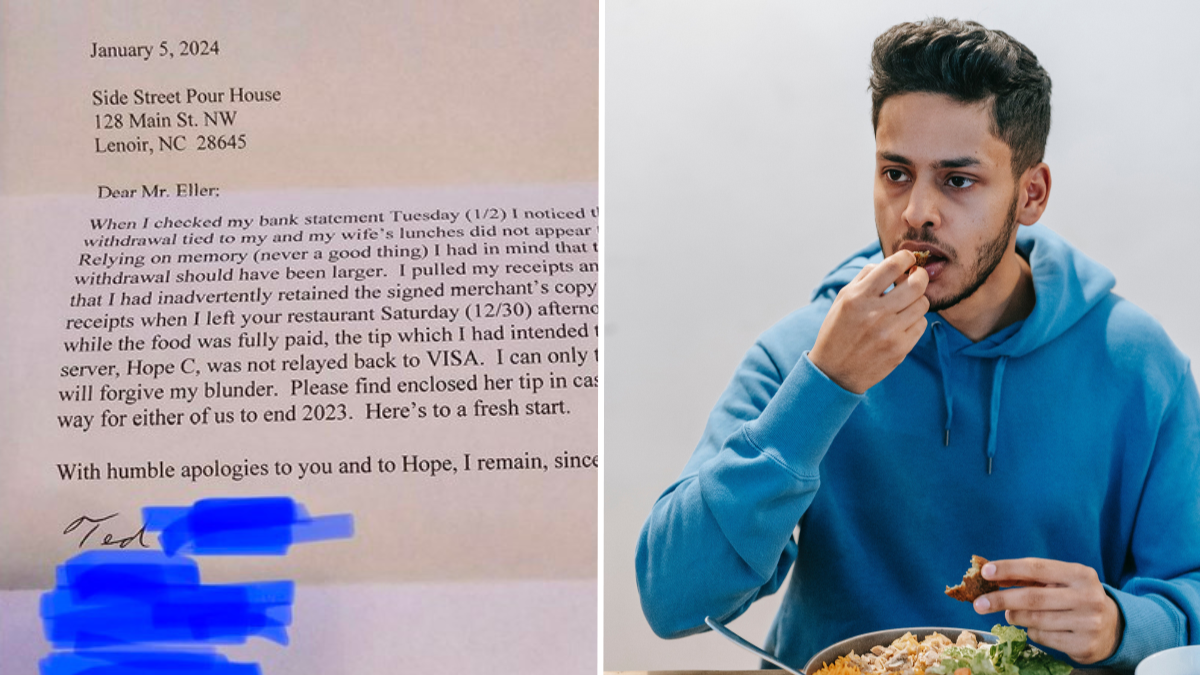 a typed letter and a man in a blue outfit eating food alone