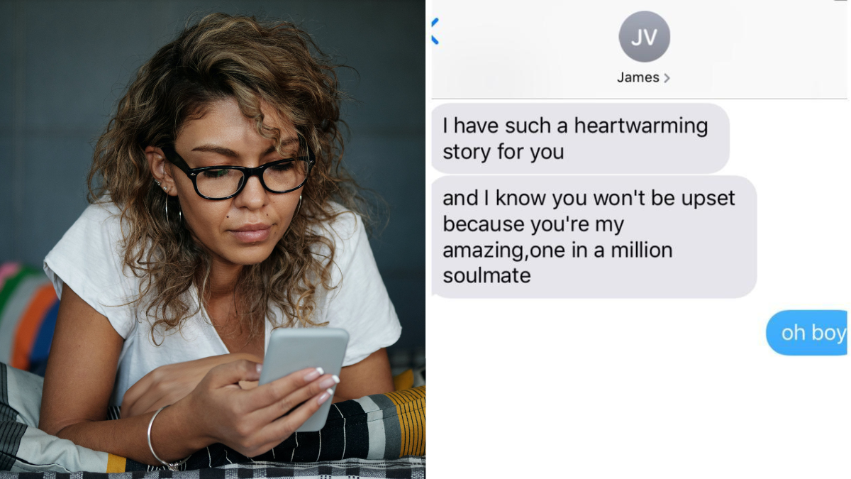 woman looking at her phone and a text message screenshot