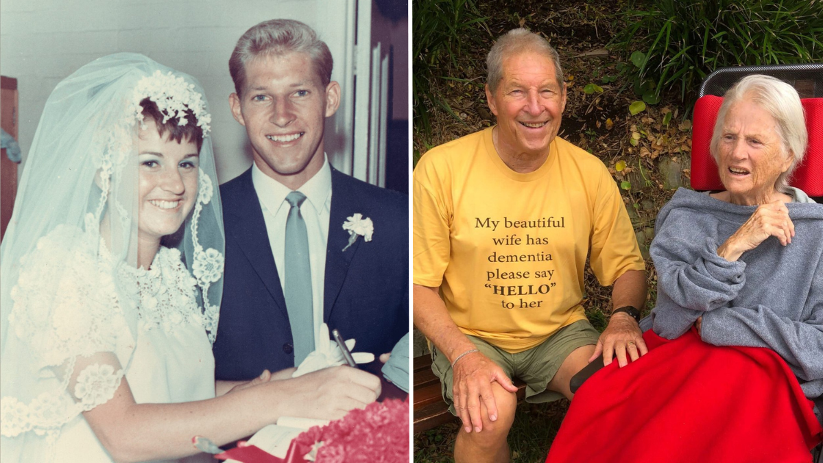 man and woman at their wedding and an elderly man in a yellow shirt sitting next to his wife