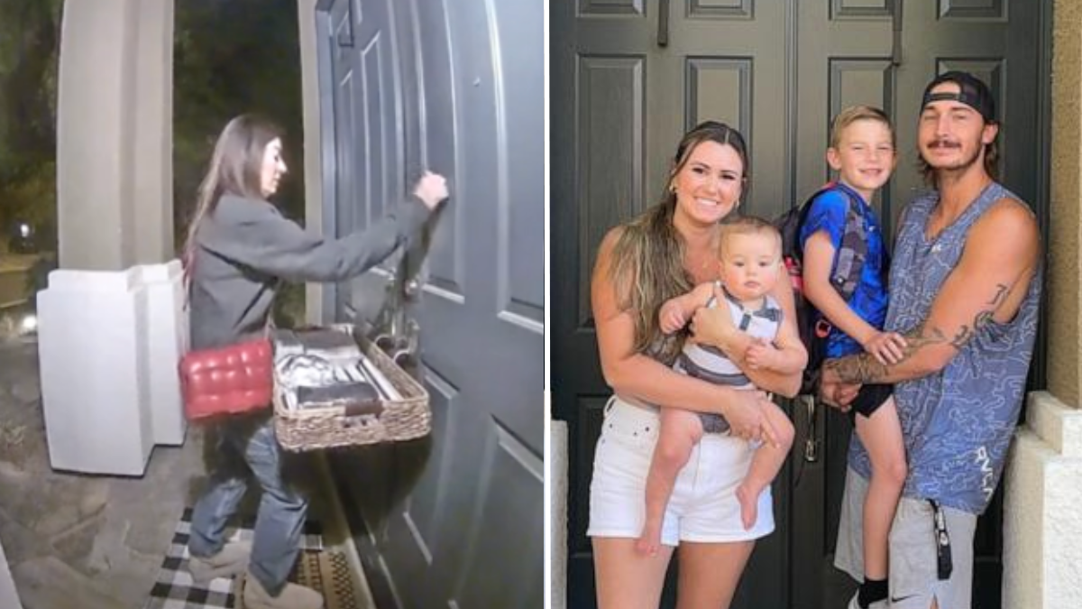 woman knocking on a door and a woman, man and two kids