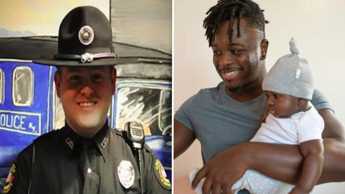 police officer and a man with his baby