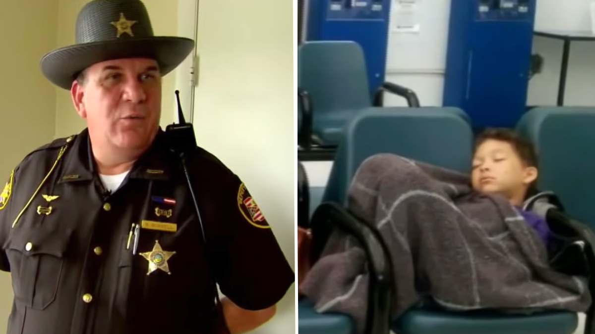 police officer and a sleeping boy covered in a blanket