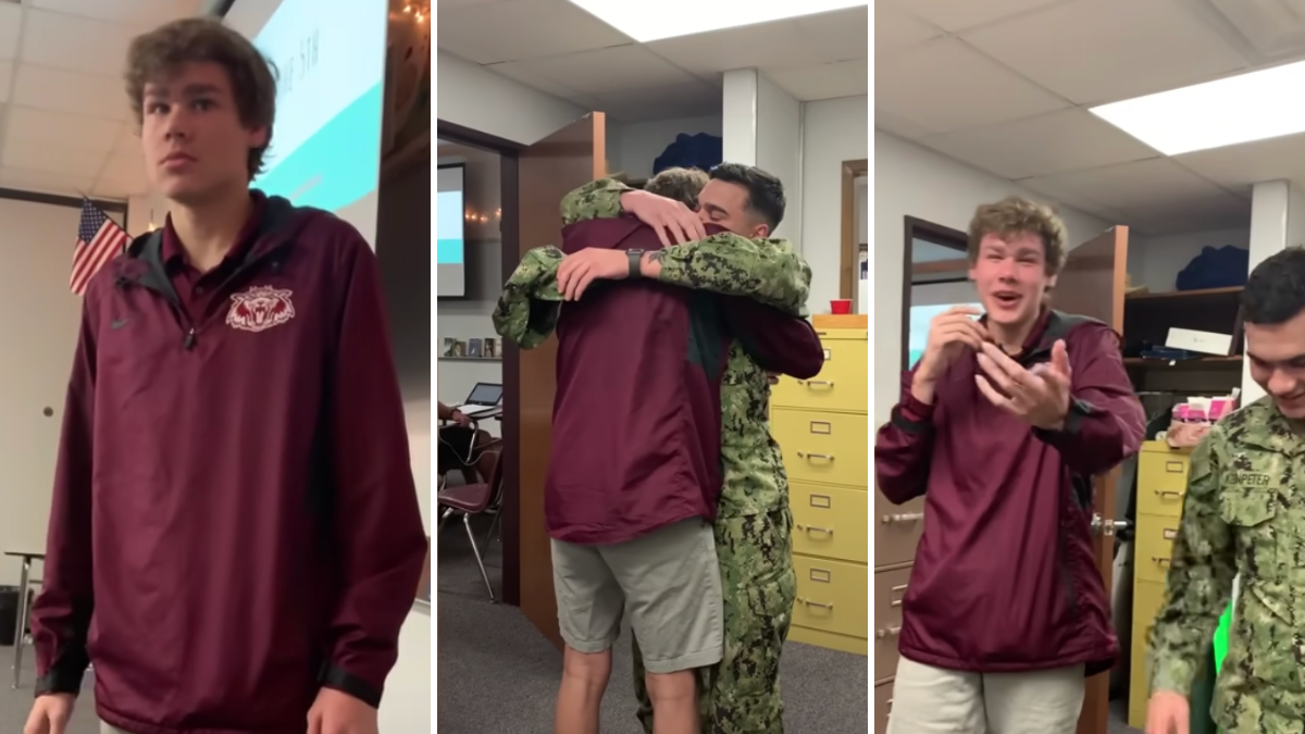 confused teen is surprised by his brother at school