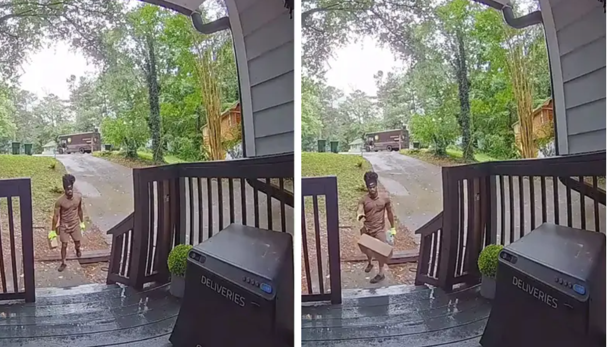 UPS driver throwing a package onto a porch
