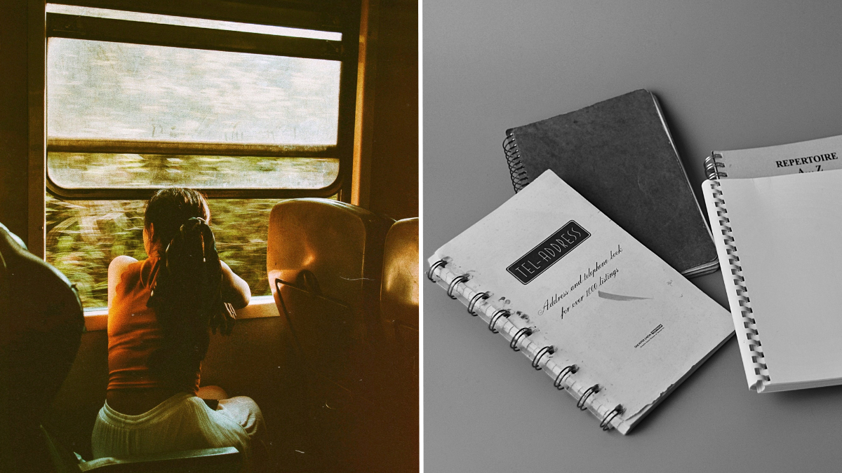 woman looking out a train window and a couple of note pads
