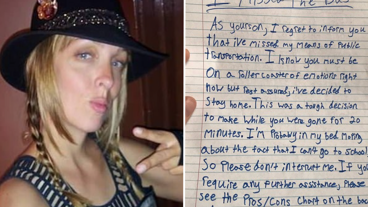 blond haired woman wearing a hat and a handwritten note