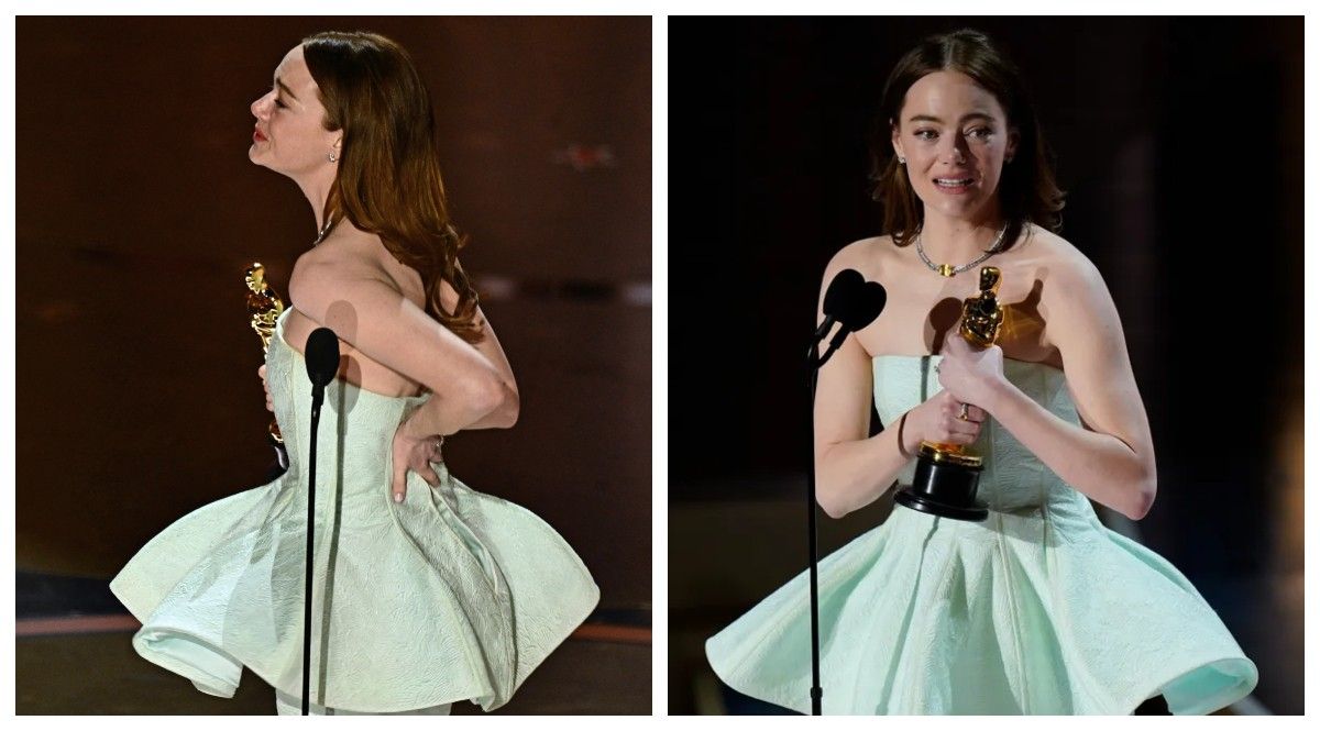 US actress Emma Stone holds the back of her dress as she accepts the award for Best Actress in a Leading Role for "Poor Things" onstage during the 96th Annual Academy Awards at the Dolby Theatre in Hollywood, California on March 10, 2024.