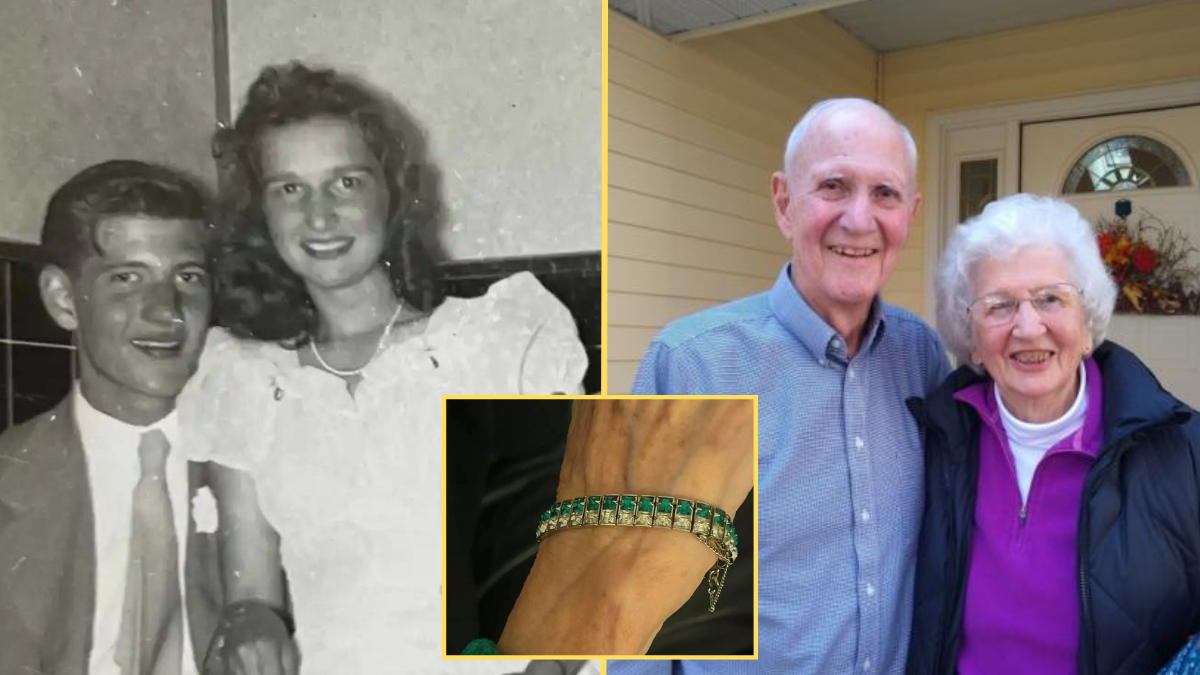 black and white photo of a young man and woman, an elderly man and elderly woman and a bracelet (inset)