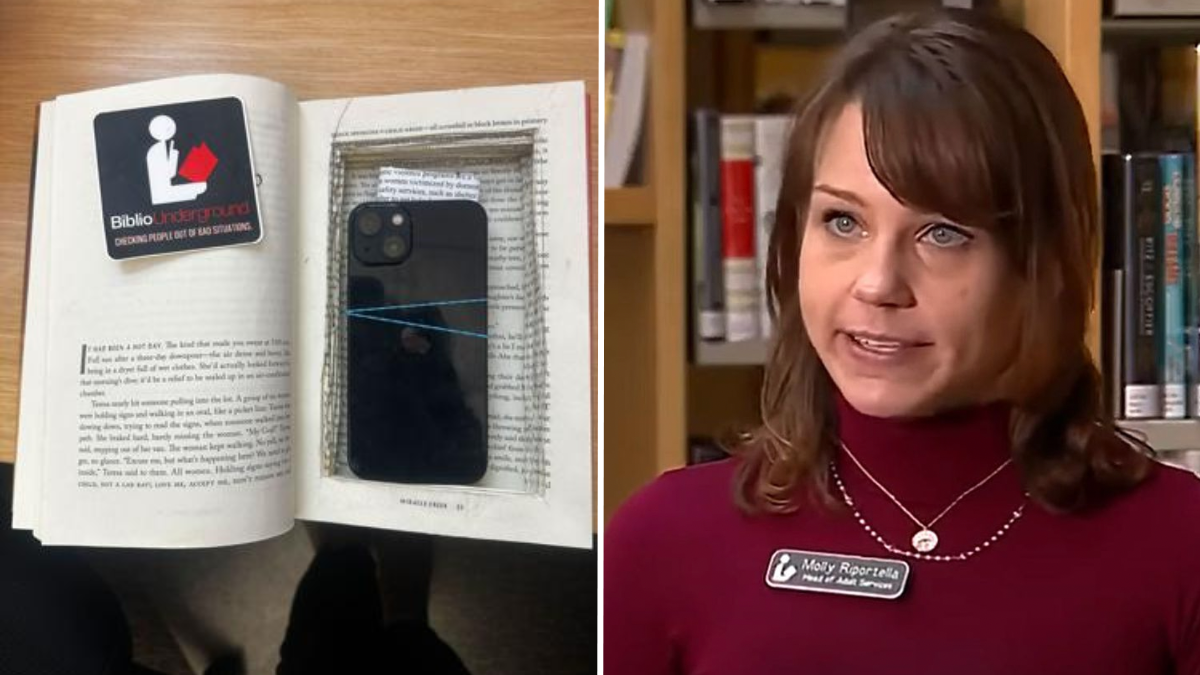 mobile phone in a book and a woman working at a library