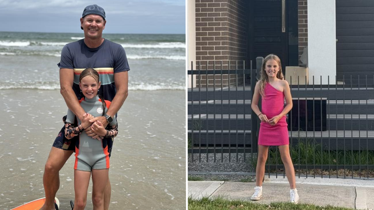 dad and his daughter at the beach and a little girl in a pink dress standing outside a house