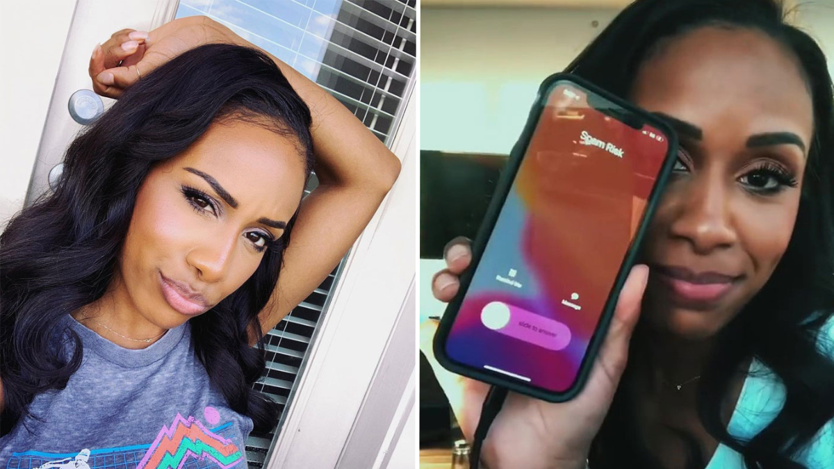 woman with her hand on her head and a woman holding up her phone with an incoming scam call