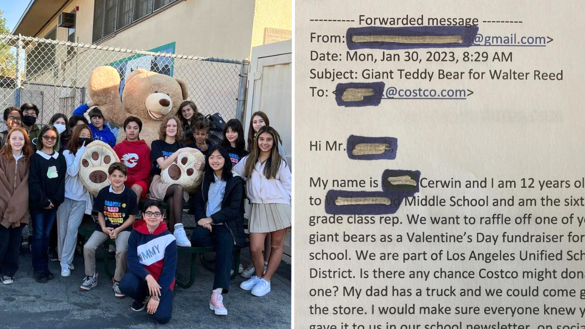 children standing with a huge teddy bear soft toy and a printed letter