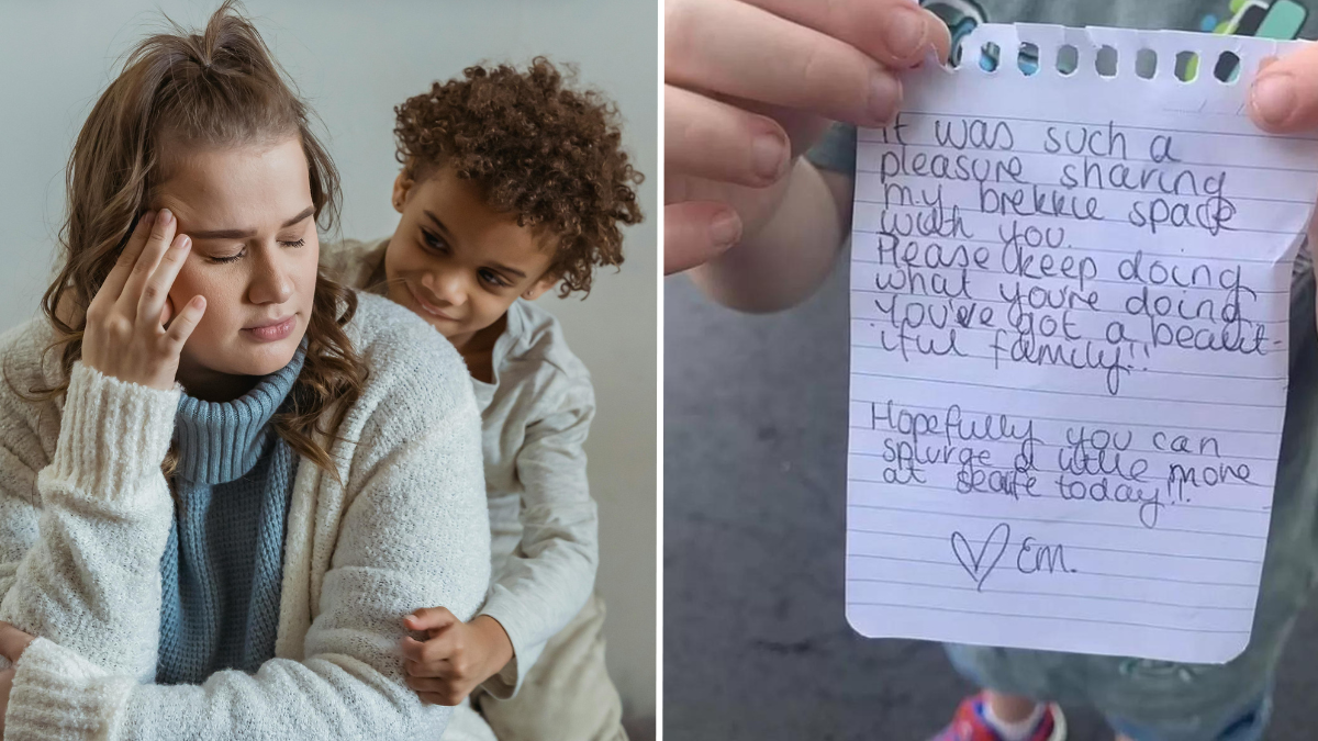stressed woman with her kid and a handwritten note