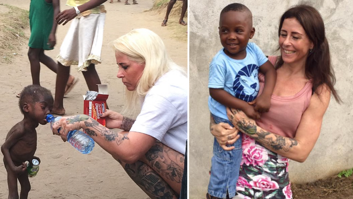 woman helping little boy drink water and a woman holding a little boy